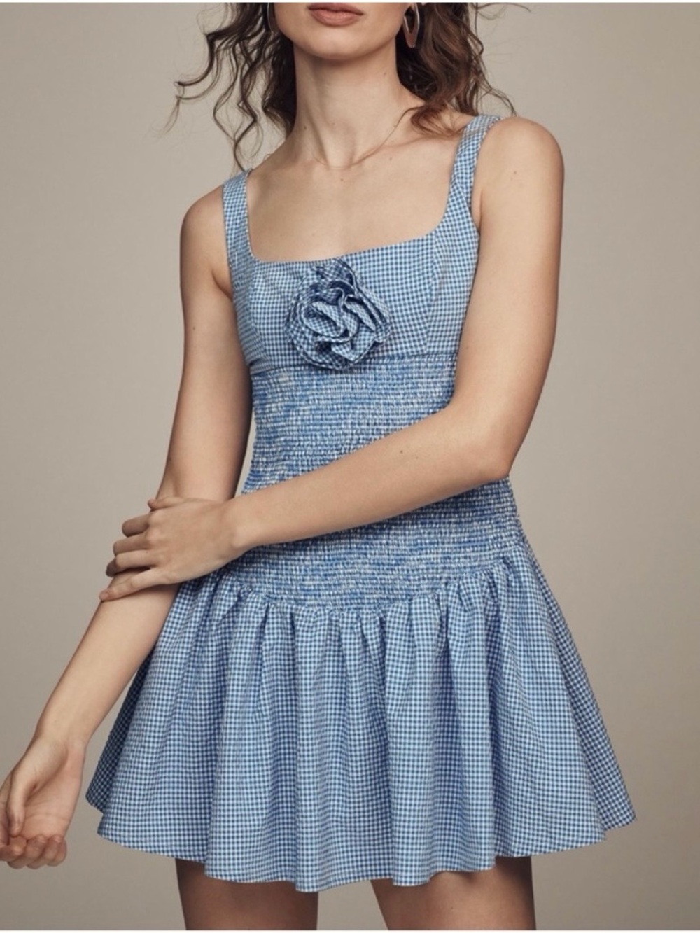 Light Blue Gingham Smocked Mini Dress with Floral Detail Anthology